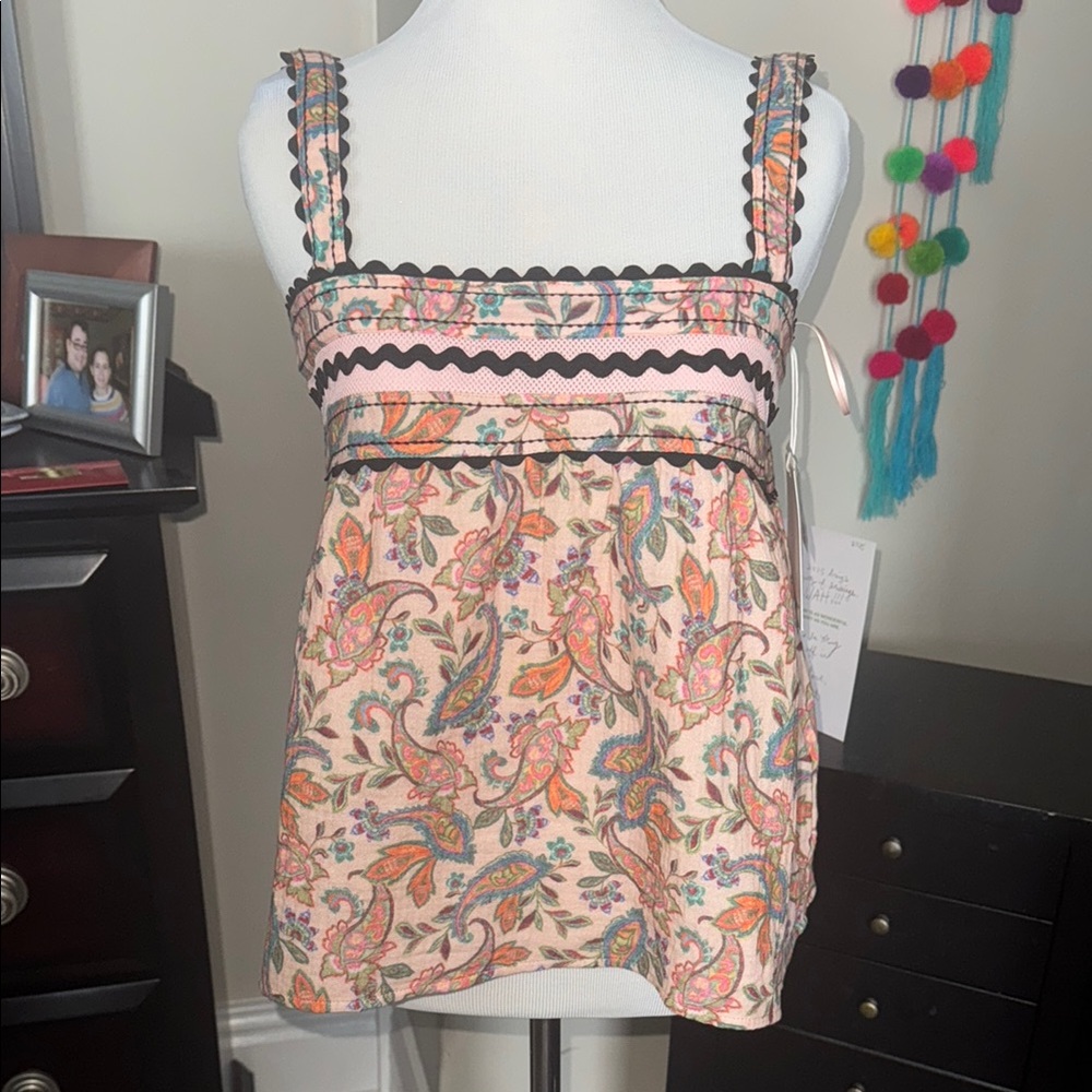 Floral Paisley Print Women's Top with Ric Rac Trim